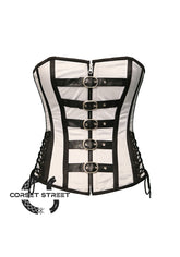 White Satin And Black Leather Steampunk Costume Gothic Overbust Corset Top